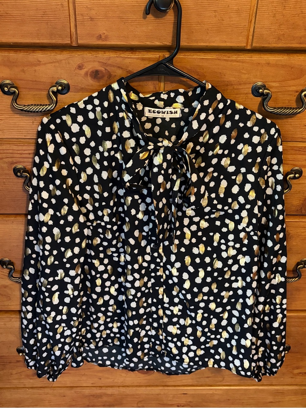 Ecowish Black Blouse with Gold and White Spot Print and Tie Neck
